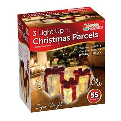 Image of ADEPTNA New set of 3 Christmas Light Up Glitter Parcels Box Illuminated Presents Xmas Decoration Gift Battery Operated 55 LED Super Bright (WHITE &amp; RED)