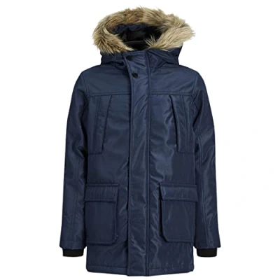 Image of JACK &amp; JONES Junior Kids Boys Hooded Jacket Warm Parka Long Sleeve Faux Fur Padded Coat Outdoor, Navy Blazer Colour, UK Size 152