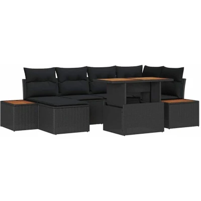 Image of vidaXL 7 Piece Garden Sofa Set with Cushions Black Poly Rattan