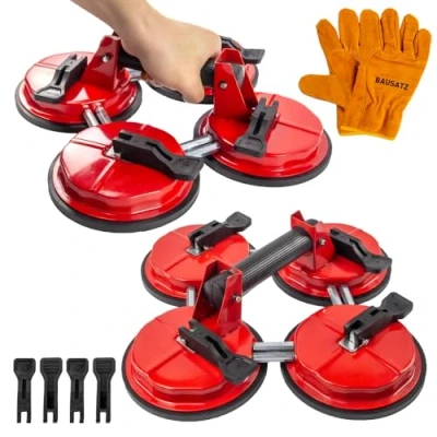 Image of BAUSATZ 275kg Suction Cup Heavy Duty Cups for Glass Suckers Lifters to Lift Large Tile Lifter Car Dent Puller (Iron, Red, 4 Claw, 2 Packs)
