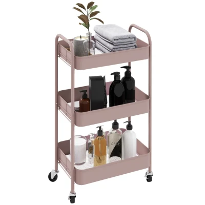Image of HOMCOM 3 tier Storage Trolley on Wheels, Metal Cart, Rolling Ultility Cart with Mesh Baskets for Living Room, Kitchen, Pink