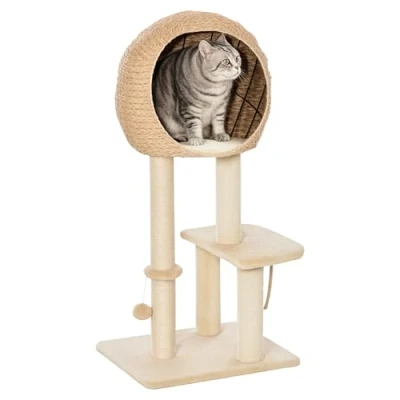 Image of PawHut Cat Tree for Indoor Cats 100cm Kitten Climbing Tower Activity Center with Sisal Scratching Post Condo Perch Hanging Balls Teasing Rope Toy Cushion