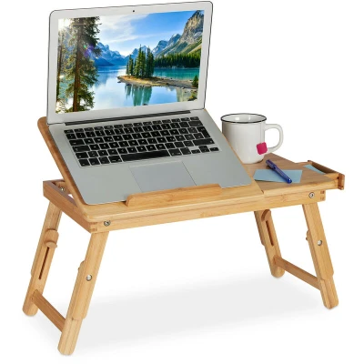 Image of Relaxdays Stand, Foldable Bamboo Laptop Holder, Adjustable &amp; Tiltable, Ventilation Slots Drawer, Natural, 43.5 x 30 57 cm