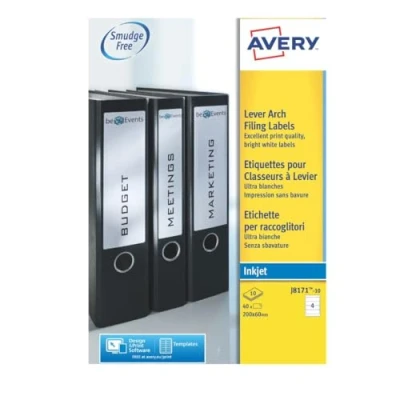 Image of Avery Lever Arch Labels Inkjet, 200x60mm, White Blank Labels, 4 per Sheet J8171 10