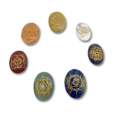 Image of DOJA Barcelona Set Stones Chakras Mandala Runes Energetic of The 7 Chakras: Red Jasper, Carnelian, Yellow Calcite, Green Quartz, Lapis Lazuli, Rock Crystal and Amethyst 30x25