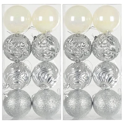 Image of Pack of 16 Christmas Tree Baubles Large Decorations Assorted Designs 8cm Silver