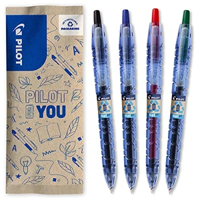 Image of PILOT Pack of 4 B2P Gel 0.7 ink roller ball pen Medium Begreen Assorted colours Black Blue Red Green
