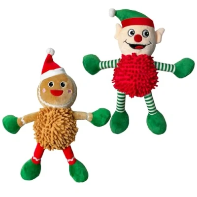 Image of Pet Connection Christmas Dog Toys Noodle Elf or Gingerbread Man with Squeaker for Medium &amp; Large Dogs (1 of Each Set 2)