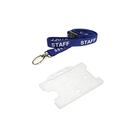 Image of Staff Lanyard Neck Strap lanyards with Safety Breakaway, Metal Lobster Clip 15mm Wide and Clear ID Badge Card Pass Holder for NHS, Work Office, Security, Nurse, Teacher, Schools Blue (Pack of 25)