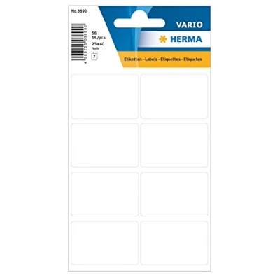 Image of HERMA Multi Purpose Labels, 8 Labels per Sheet, 7 Sheets, 25 x 40 mm, 56 Self Adhesive Stickers, Blank Sticky for Office Kitchen Home, White
