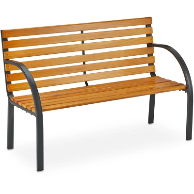 Image of Relaxdays garden, 2 seater, hardwood slats &amp; steel frame, outdoor park bench, 122x60x84 cm (LxWxH), natural finish, Wood, 84 x 122 60