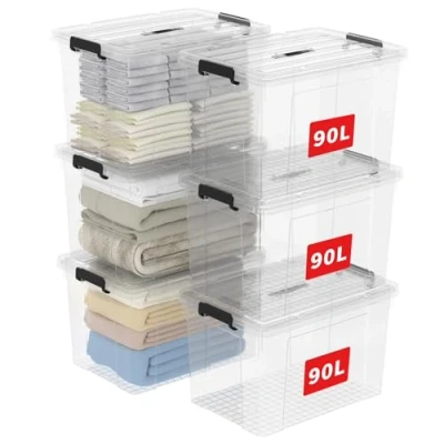 Image of Cetomo 90L*6 Storage Boxes, Carry Plastic Box with Lids, Organizing Container Handle and Secure Latching Buckles, Stackable, Nestable, Tote Bin for Home Office Clothes, 90L 6Pack, Clear