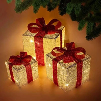 Image of HMSR® Christmas Decorations Sale Pre Lit Light Up Glitter Parcels Gift Box Illuminated Presents Ornaments Battery Operated Set of 3 (Silver)