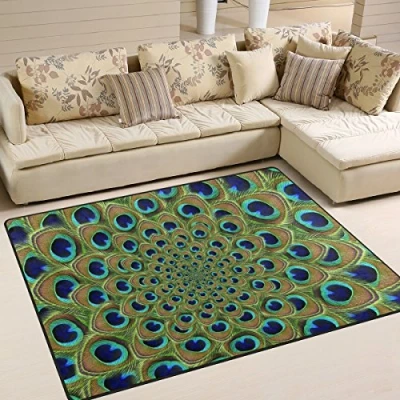 Image of Use7 Green Peacock Feather Area Rug for Living Room Bedroom 203cm x 147.3cm(7 5 feet)