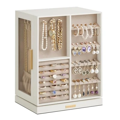Image of SONGMICS Jewellery Box 360 Rotating, Organiser with 5 Drawers, Display Case, Glass Window, Spacious, Vertical Storage, Open Design, Great Gift, Cloud White JBC170W01