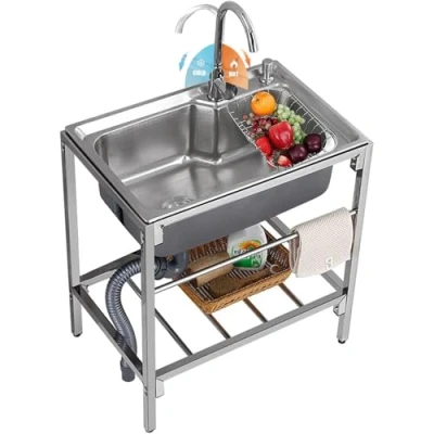 Image of Natliedop Stainless Steel Utility Sink kitchen Free Standing Commercial, Single Bowl Compartment Workbench Commercial with Faucet, for Outdoor Indoor, Garage, Laundry/Utility Room