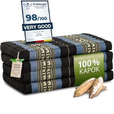 Image of livasia Sustainable kapok mattress, guest Folding mattress for van, Ecological yoga mat, bed, Sun lounger garden &amp; balcony, 79x31x3.1″ (Blue/Elephants)