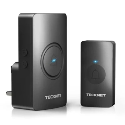 Image of TECKNET Wireless Doorbell, Plug in Door Bells Cordless IP65 Waterproof Chime Battery Operated Button up to 400M Range, 60 Chimes, LED Light, 4.5 Year Life (Black)