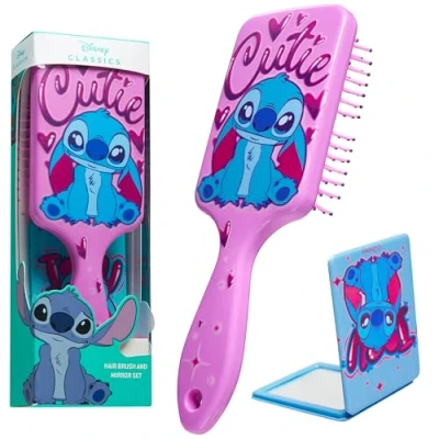 Image of Disney Detangle Hair Brush for Women Teenagers Girls, Paddle and Compact Mirror Set Gifts Girls (Pink/Blue Stitch)