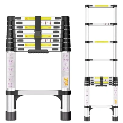 Image of Telescopic Ladder, 2.6M Stainless Steel Thickened High Strength Loft Portable Ladders Extendable with Non Slip Feet Adjustable Height for Roof Attic Caravans
