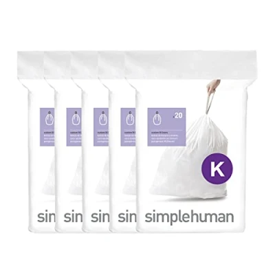 Image of simplehuman Code K 100 Liners, 50% Recycled Custom Fit Bin Bags in Dispenser Packs with Durable Drawstring Tie Handle, 35 45L, White