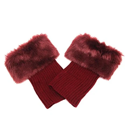 Image of HugeStore Women Ladies Winter Warm Faux Fur Crochet Boot Cuff Socks Short Leg Warmers Deep Red