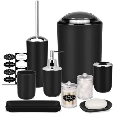 Image of IMAVO Bathroom Accessory Set 8 Pcs Black Accessories with Trash Can, Soap Dispenser, Dish, Toothbrush Holder, Cup, Toilet Brush Qtip Holder Dispenser Labels