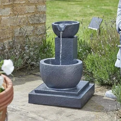 Image of Festive Lights Solar &amp; Battery Hybrid Fengshuî Falls Cascade Water Fountain Grey Stone Effect Polyresin Outdoor Garden Ornamental Decorative Feature