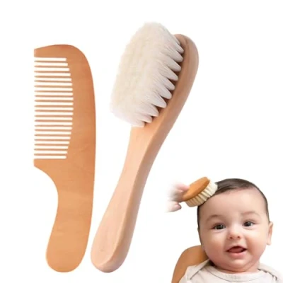 Image of Baby Hair Brush and Comb Set for Newborns, Infants Toddlers, with Natural Wooden Handle Super Soft Goat Bristles, Gently Grooms Hair, Maintain Scalp Health, Prevent Cradle Cap
