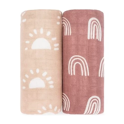 Image of Comfy Cubs 2 Pack Muslin Baby Blanket for Newborn, Swaddle Blanket, Neutral Receiving Boys and Girls (Sun &amp; Rainbow)
