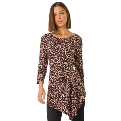 Image of Roman Originals Animal Print Asymmetric Top for Women UK Ladies Everyday Autumn Winter Round Neckline Comfy Soft Evening Vacation Work Party Night Out Tan Size 16