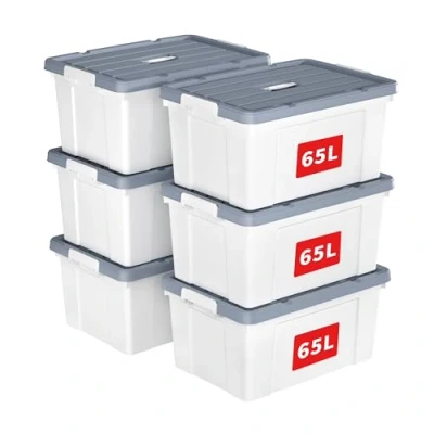 Image of Cetomo 65L*6 Storage Boxes, Carry Plastic Box with Lids, Organizing Container Handle and Secure Latching Buckles, Stackable, Nestable, Tote Bin for Home Office Clothes, 65L 6Pack, White
