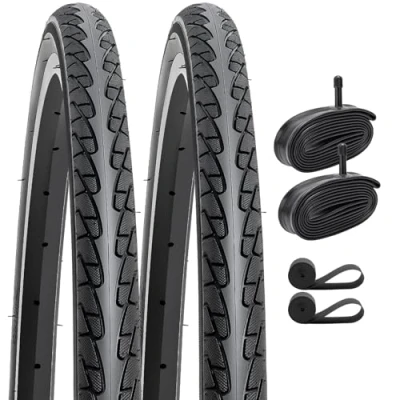 Image of YunSCM 2 Pack 26&quot; Road Bike Tyres 26X1 3/8 ETRTO 37 590 with Heavy Duty Inner Tubes AV32mm Schrader Valve Rim Strips, Compatible 26x1.37 Wheelchair Bicycle Tyres(Black)