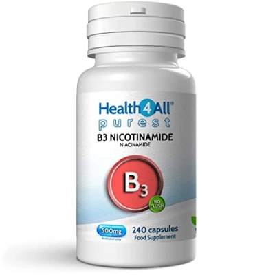 Image of Health4All Vitamin B3 Niacin as Nicotinamide (Niacinamide) 500mg 240 Capsules (V) Purest, No Additives, Vegan, Gluten Free Flush