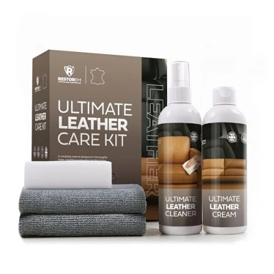 Image of RESTOREM Ultimate Leather Care Kit 250ml Cleaner &amp; Conditioner Includes 2 x Microfibre Cloths Sponge Sofa, Car Seat Upholstery Furniture Chair Restoration