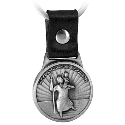 Image of FABACH Christopher Keyring on Leather Strap Patron Saint for Drivers and Travellers Badge Car Lucky Charm Guardian Angel Motorcycle Pendant Modern, silver (Black)