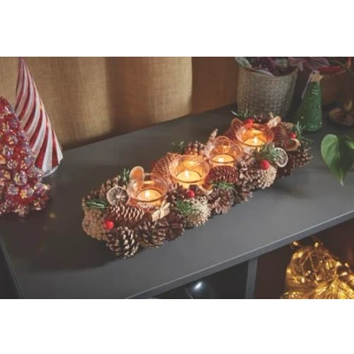 Image of Smart Garden Winter Spice Candle Holder Natural Pinecones, Foliage and Berries 42cm Christmas Table Décor Festive Xmas Decoration