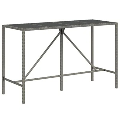 Image of vidaXL Modern Bar Table with Glass Top and Poly Rattan Frame, Grey, Perfect for Garden, Patio, Outdoor, Weather Resistant, Easy Assembly