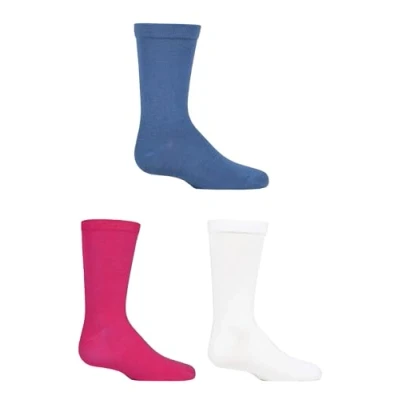 Image of SockShop Boys and Girls 3 Pair Plain Bamboo Socks with Comfort Cuff Handlinked Toes Denim/Pink/White 4 6 (13 14 Years)