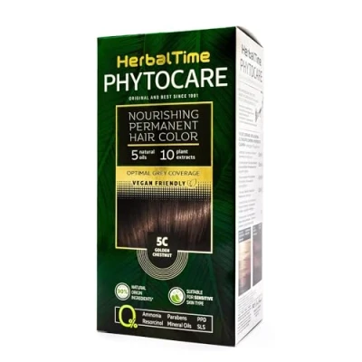 Image of Herbal Time Phytocare Permanent Hair Dye Color Golden Chestnut 5C Professional Natural Kit Nourish and Protect Your Ammonia, PPD SLS Free 124.5 ml