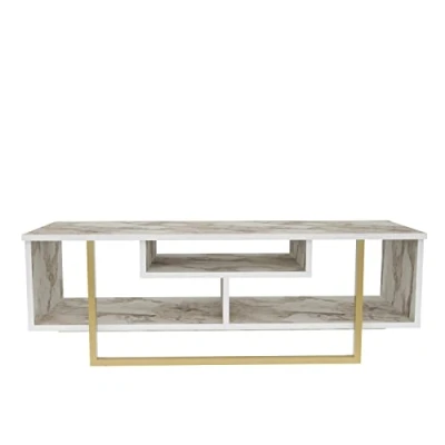 Image of DECOROTIKA Astona Industrial 120 cm TV Stand and Media Console Centre White Marble Effect Series (White Effect/Gold)