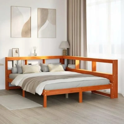 Image of vidaXL Bookcase Bed Frame Wax Brown Solid Pine Wood 140x190 cm with Slatted Base and Storage Headboard Ideal for Small Bedrooms Assembly Required