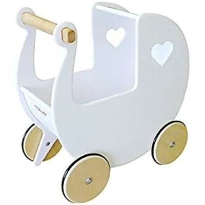 Image of Moover Classic Doll&#039;s Pram for Toddlers, Fully Assembled, Made in Denmark from Russian Birch Plywood, Push Along Toy, 18 Months+, 44 x 43 24 cm, White and Natural Wood