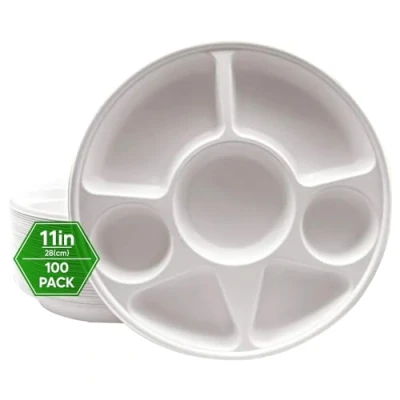 Image of Venuscello 100 x Strong Disposable 7 Compartment 11 Inch Bagasse Plates Heavy Duty Biodegradable White Eco Friendly &amp; Compostable Party