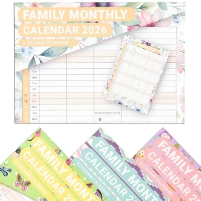 Image of evelay Family Calendar 2025 Month to View 5 Columns A3 When Open Hanging Wall Planner Organiser (Flowers)