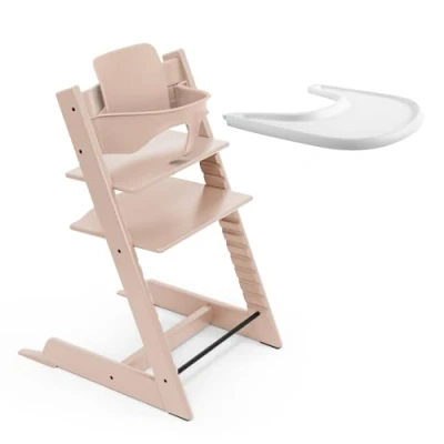 Image of Stokke Tripp Trapp High Chair (Serene Pink) with Tray (White) Includes Chair, Baby Set 2 for Children 6 36 Months and Adjustable, Ergonomic &amp; Easy to Clean