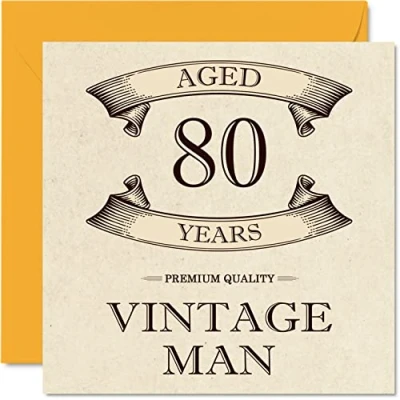 Image of Vintage 80th Birthday Cards for Men Aged 80 Years Fun Card Grandpa Dad Husband Uncle Brother Grandad, 145mm x Greeting Cards,