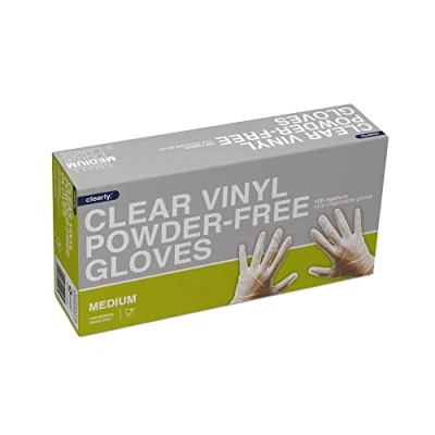 Image of Clearly Clear Vinyl Powder free Latex gloves, disposable Multi purpose &amp; extra strong, Box of 100 Blue (Clear, Medium)