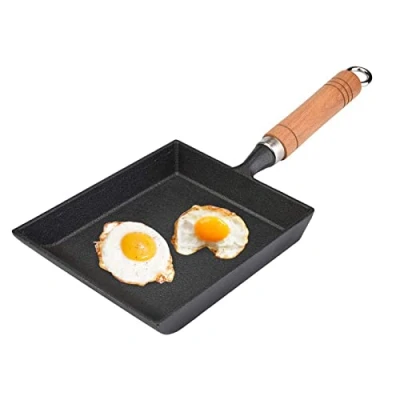 Image of Marvellous Tamagoyaki Pan,PortableJapanese Omelette Pan Japanese Fry Egg Nonstick with Wooden Handle Gray Cast Iron Rectangle Frying Pot Kitchen Supplies for Home（14.6 x 6.1in