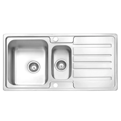 Image of JASSFERRY Brilliant Stainless Steel Kitchen Sink 1.5 One Half Square Bowl Rome Style Reversible Drainer with Strainer Waste 970 x 500 mm